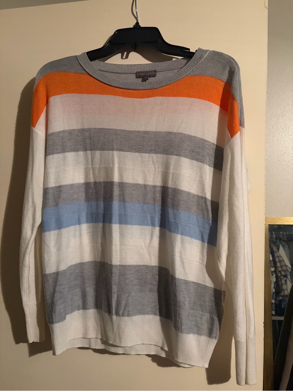 Vince Camuto Striped Crewneck Sweater - White, Gray, Blue & Orange